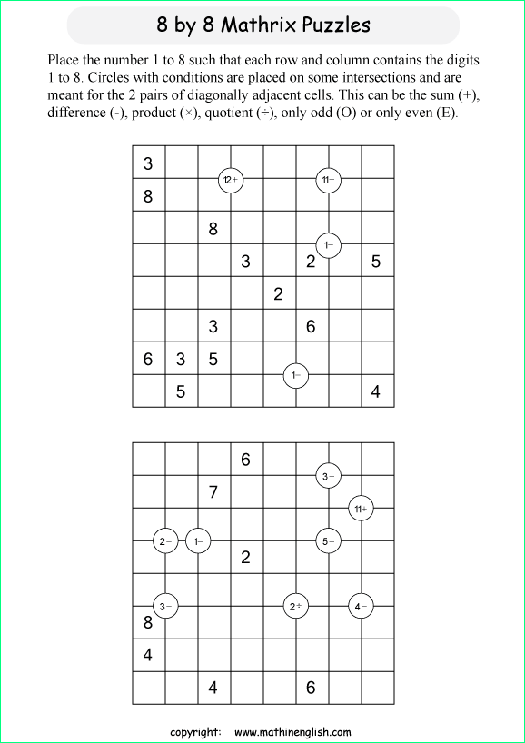 printable 8 by 8 Mathrix math calculation puzzle