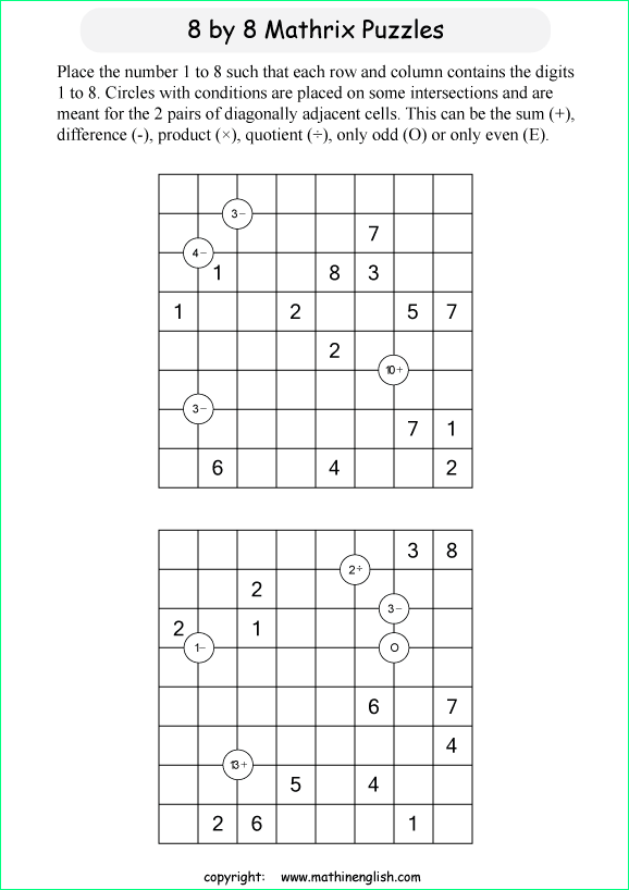 printable 8 by 8 Mathrix math calculation puzzle