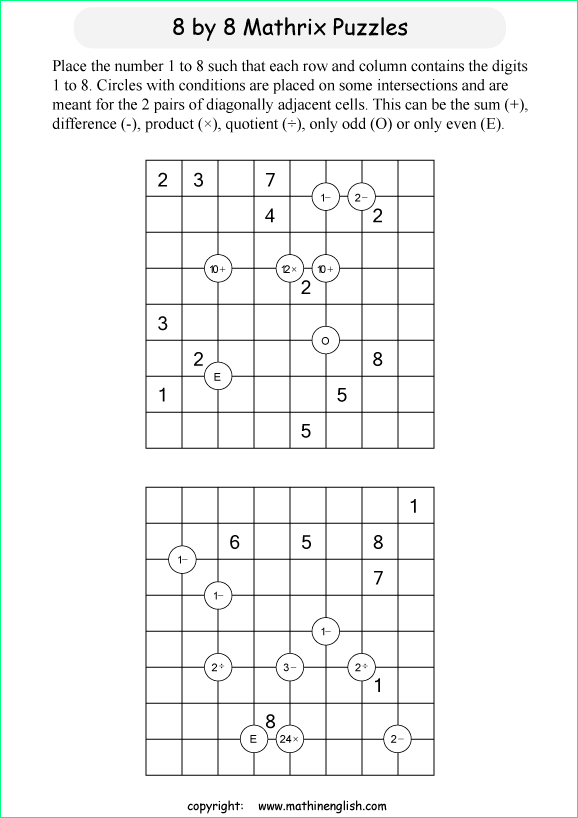 printable 8 by 8 Mathrix math calculation puzzle