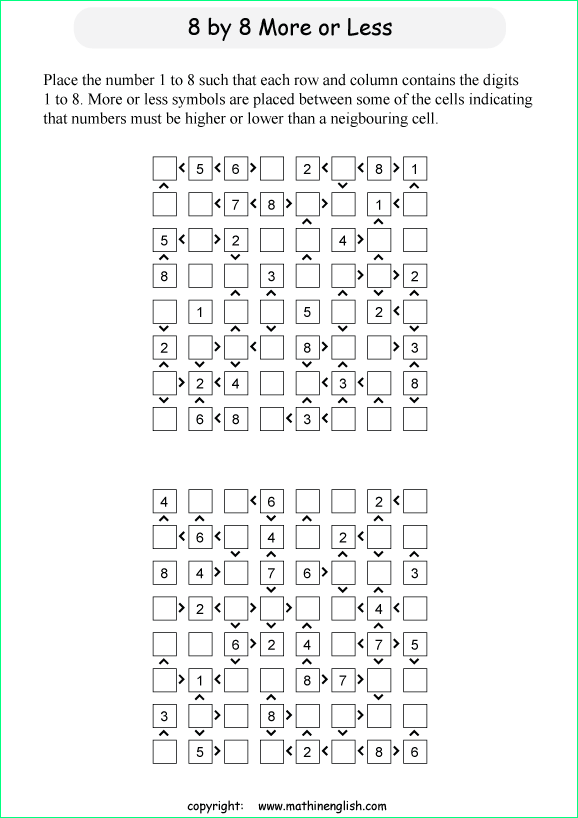 printable 8 by 8 More or Less math Sudoku for children