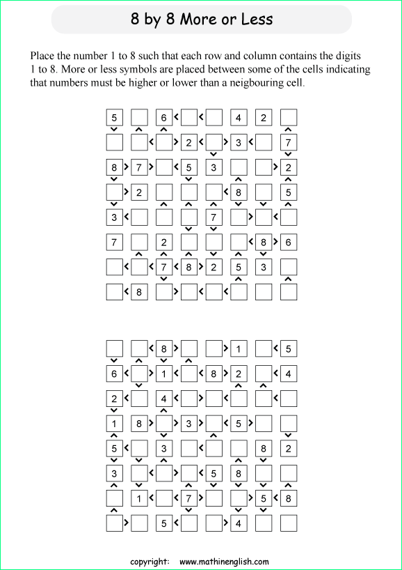 printable 8 by 8 More or Less math Sudoku for children