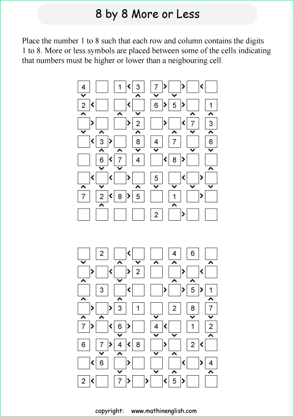 printable 8 by 8 More or Less math Sudoku for children