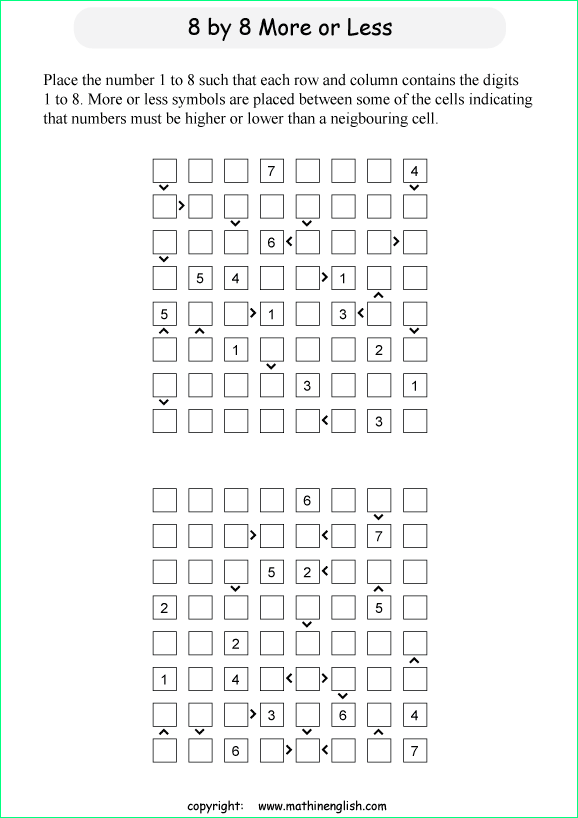 printable 8 by 8 More or Less math Sudoku for children