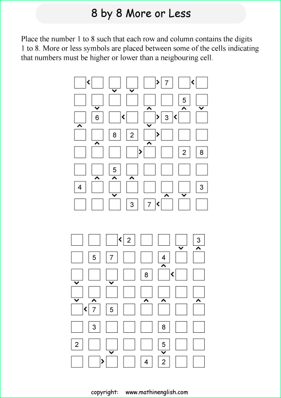 printable 8 by 8 More or Less math Sudoku for children