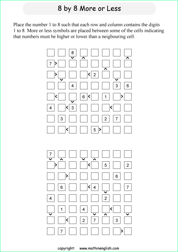 printable 8 by 8 More or Less math Sudoku for children