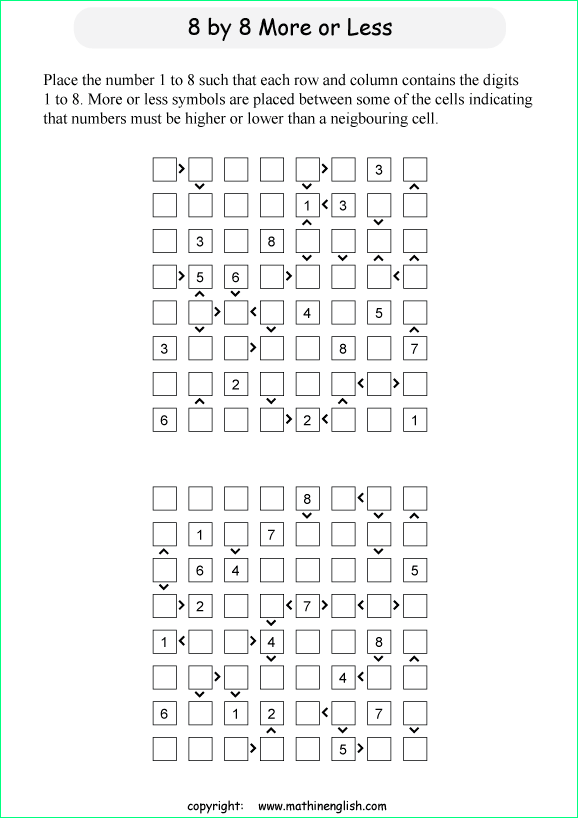 printable 8 by 8 More or Less math Sudoku for children