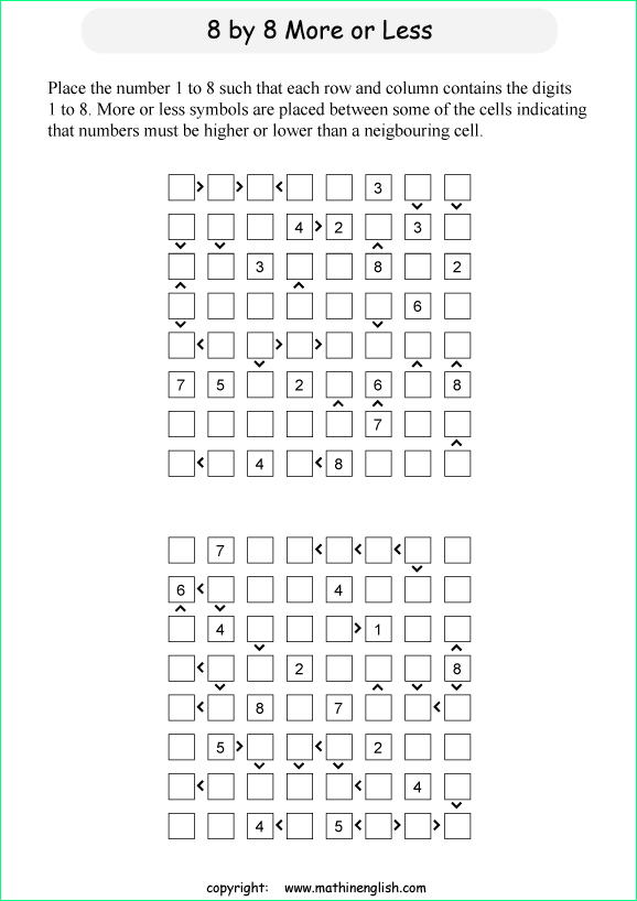 printable 8 by 8 More or Less math Sudoku for children