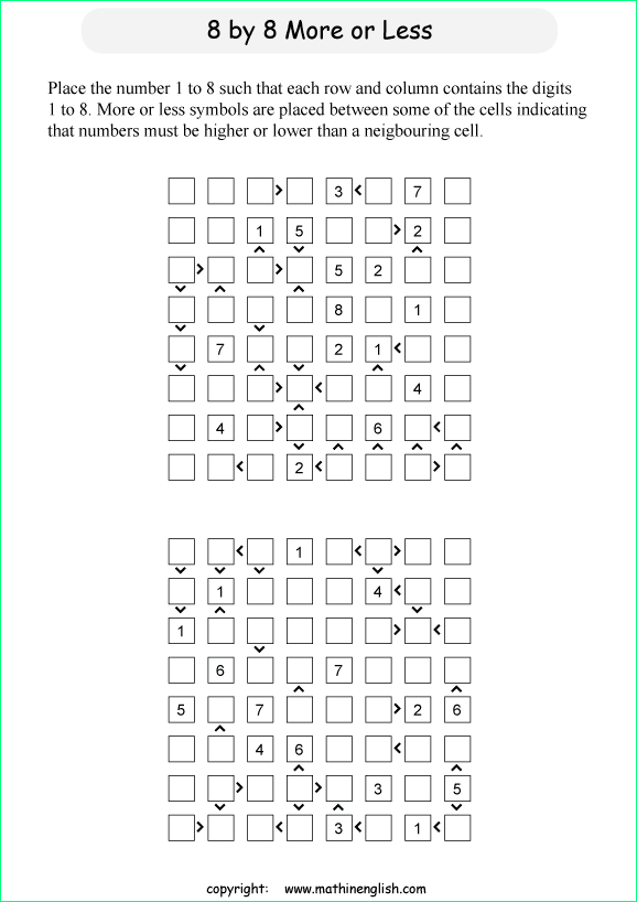 printable 8 by 8 More or Less math Sudoku for children