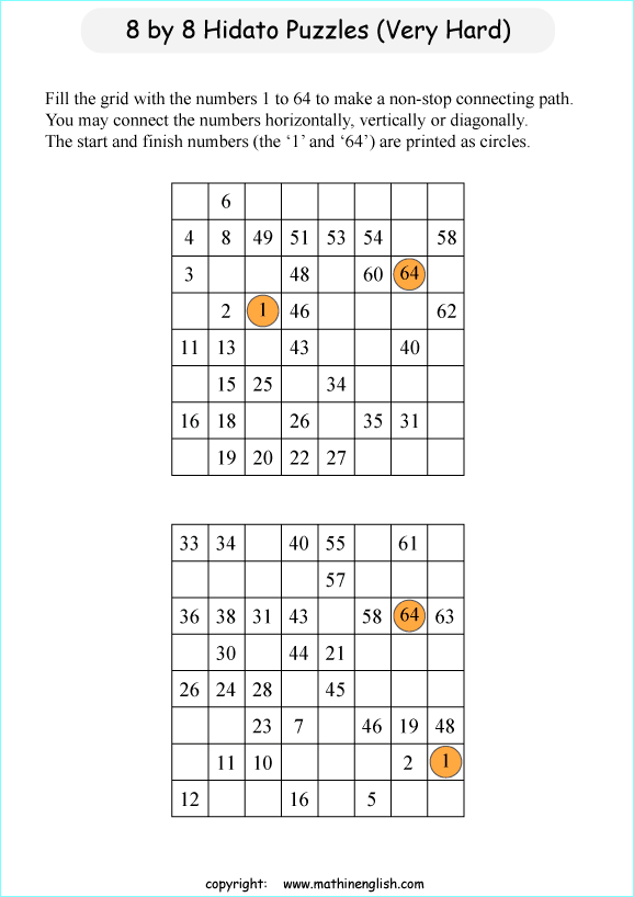 printable 8 by 8 Hidato logic IQ puzzle for kids