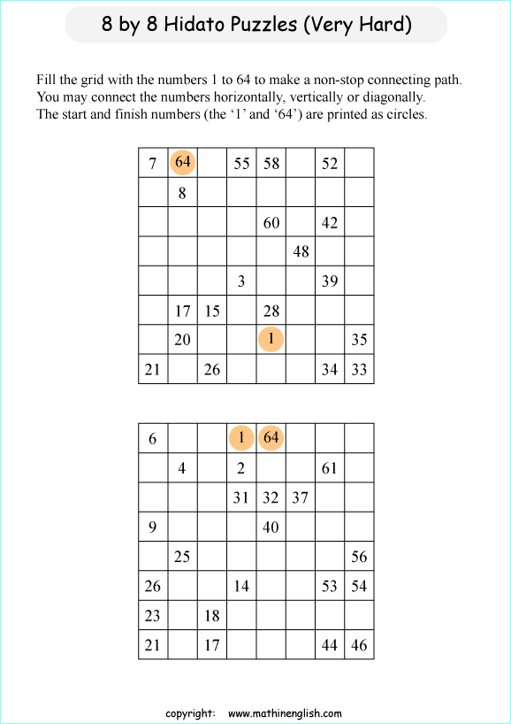 printable 8 by 8 Hidato logic IQ puzzle for kids