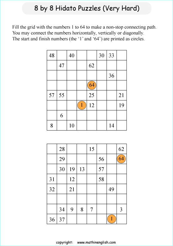 printable 8 by 8 Hidato logic IQ puzzle for kids