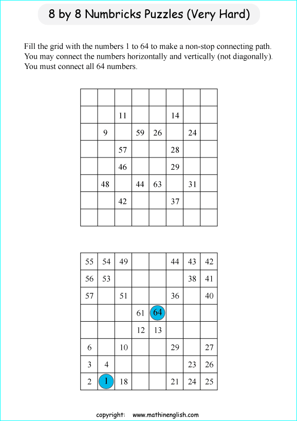 printable 8 by 8 Numbrix IQ number puzzle for kids