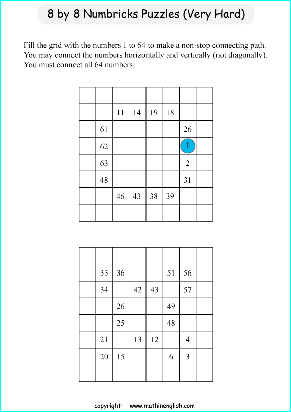 printable 8 by 8 Numbrix IQ number puzzle for kids