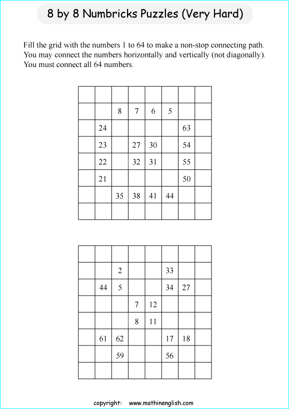 printable 8 by 8 Numbrix IQ number puzzle for kids