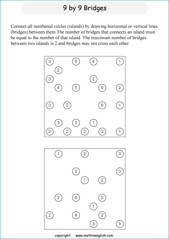 printable Building Bridges logic IQ puzzle for kids and math students