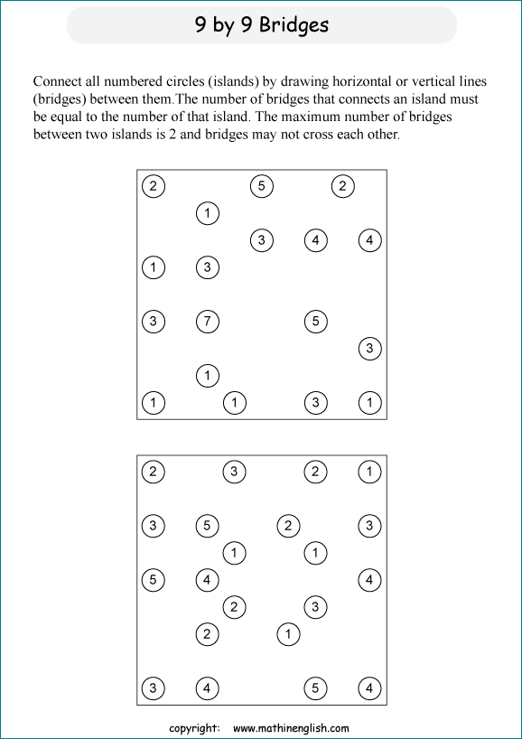 printable Building Bridges logic IQ puzzle for kids and math students