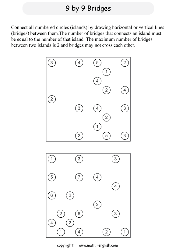 printable Building Bridges logic IQ puzzle for kids and math students