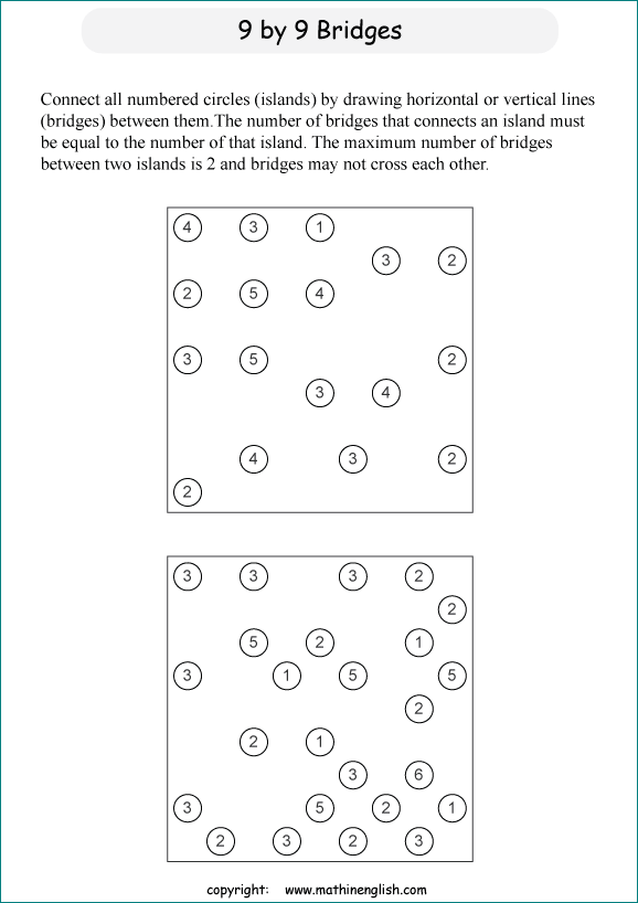 printable Building Bridges logic IQ puzzle for kids and math students