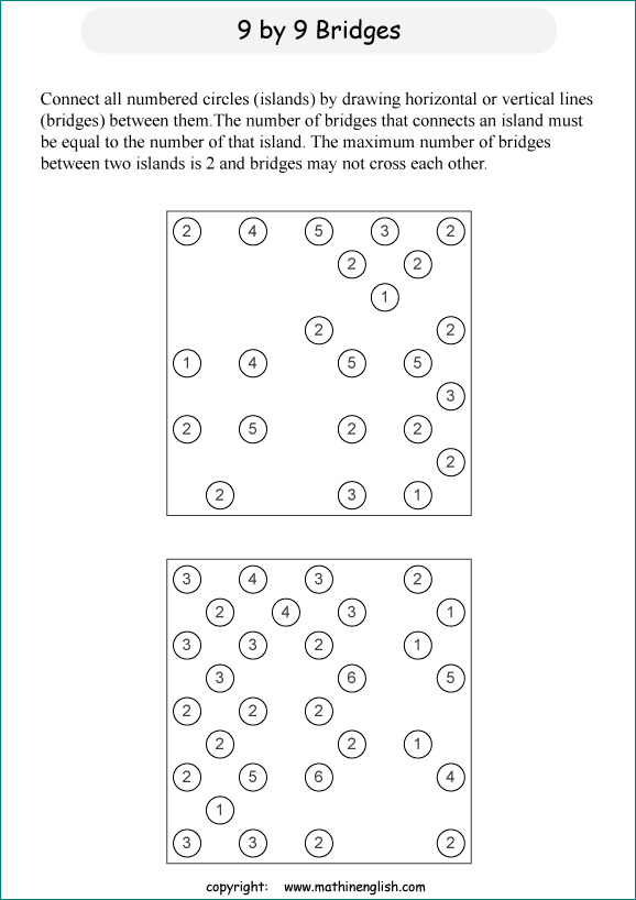 printable Building Bridges logic IQ puzzle for kids and math students