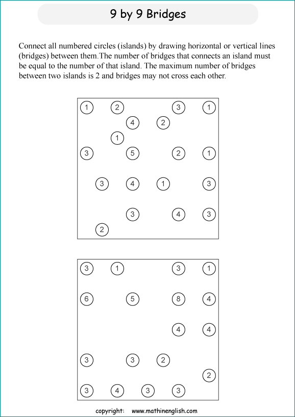 printable Building Bridges logic IQ puzzle for kids and math students