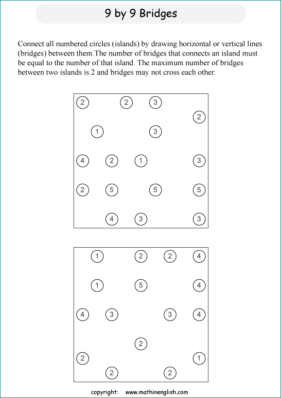 printable Building Bridges logic IQ puzzle for kids and math students