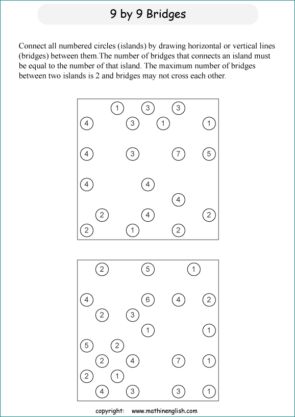 printable Building Bridges logic IQ puzzle for kids and math students