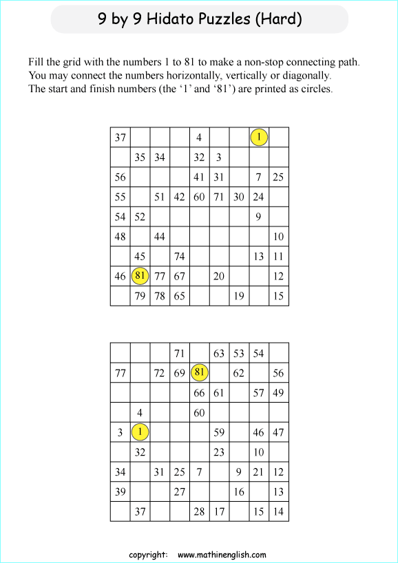 printable 9 by 9 Hidato logic IQ puzzle for kids