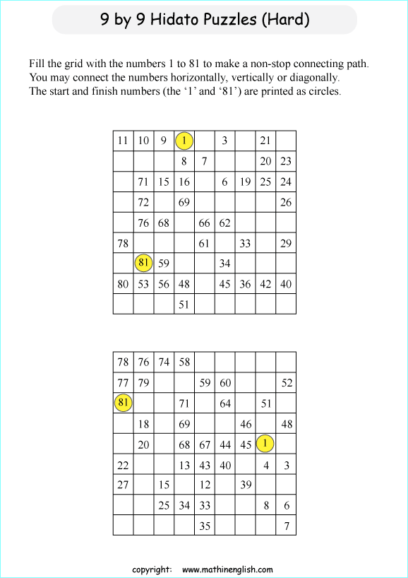 printable 9 by 9 Hidato logic IQ puzzle for kids