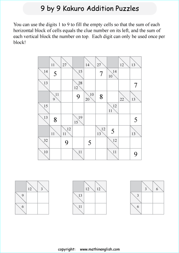 printable 9 by 9 Kakuro addition puzzle for kids