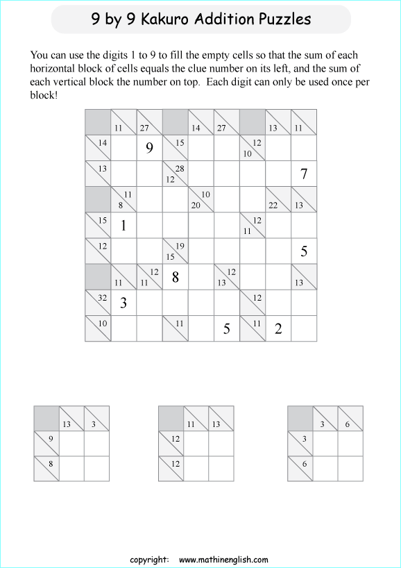 printable 9 by 9 Kakuro addition puzzle for kids