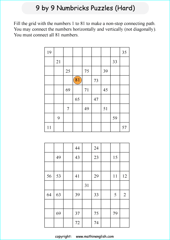 printable 9 by 9 Numbrix IQ number puzzle for kids