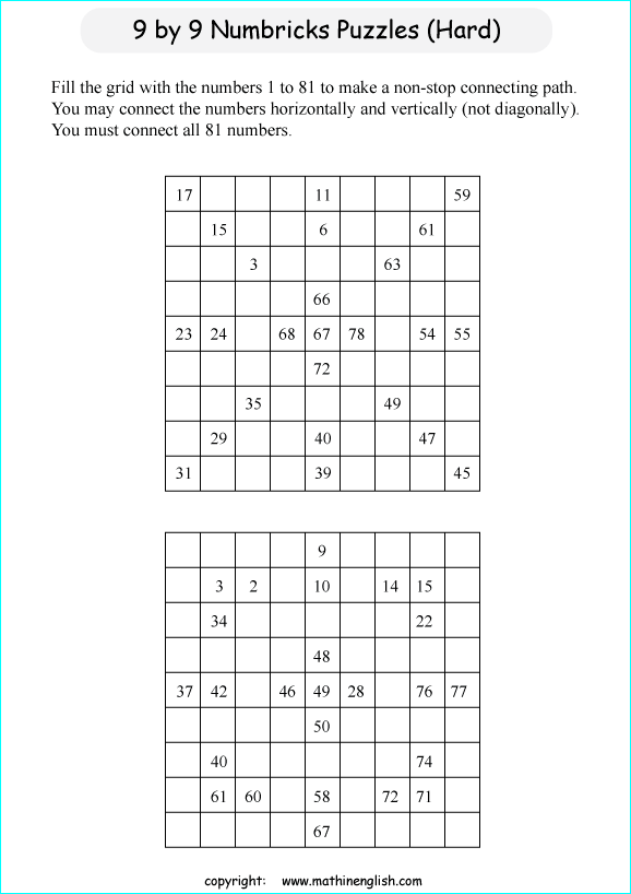 printable 9 by 9 Numbrix IQ number puzzle for kids