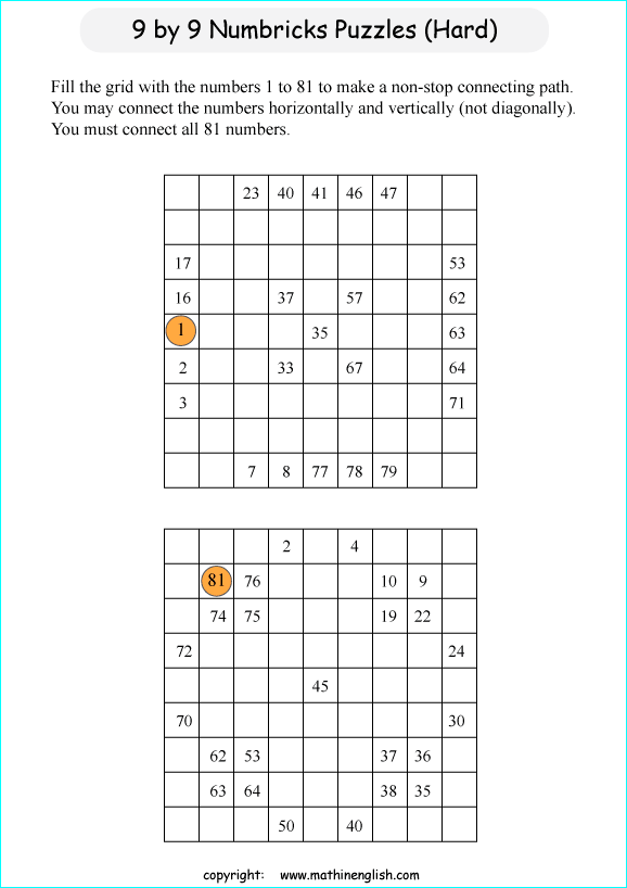 printable 9 by 9 Numbrix IQ number puzzle for kids