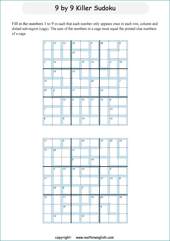 printable 9 by 9 Killer Sudoku math operations puzzle for kids and math students