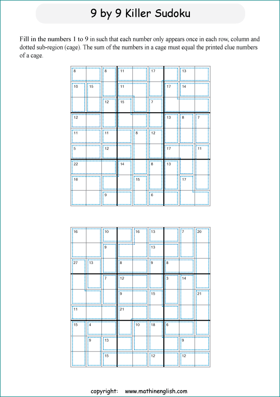 printable 9 by 9 Killer Sudoku math operations puzzle for kids and math students