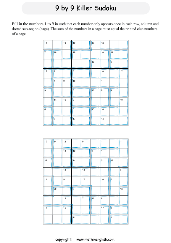 printable 9 by 9 Killer Sudoku math operations puzzle for kids and math students