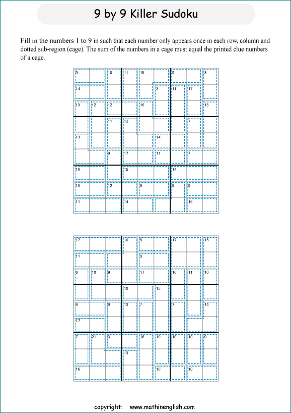 printable 9 by 9 Killer Sudoku math operations puzzle for kids and math students