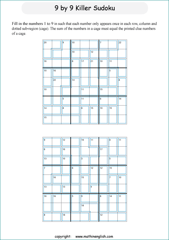 printable 9 by 9 Killer Sudoku math operations puzzle for kids and math students