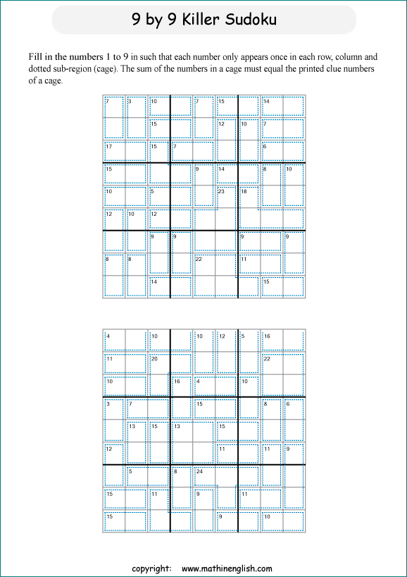 printable 9 by 9 Killer Sudoku math operations puzzle for kids and math students