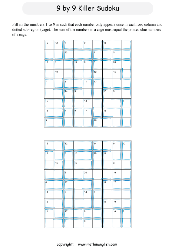 printable 9 by 9 Killer Sudoku math operations puzzle for kids and math students