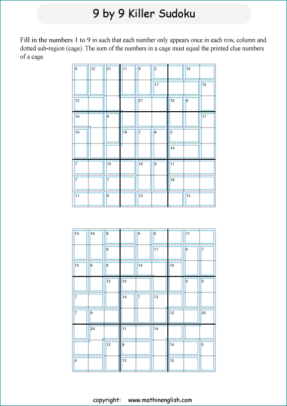 printable 9 by 9 Killer Sudoku math operations puzzle for kids and math students