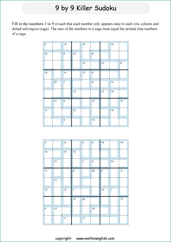 printable 9 by 9 Killer Sudoku math operations puzzle for kids and math students