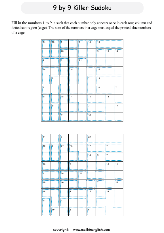 printable 9 by 9 Killer Sudoku math operations puzzle for kids and math students