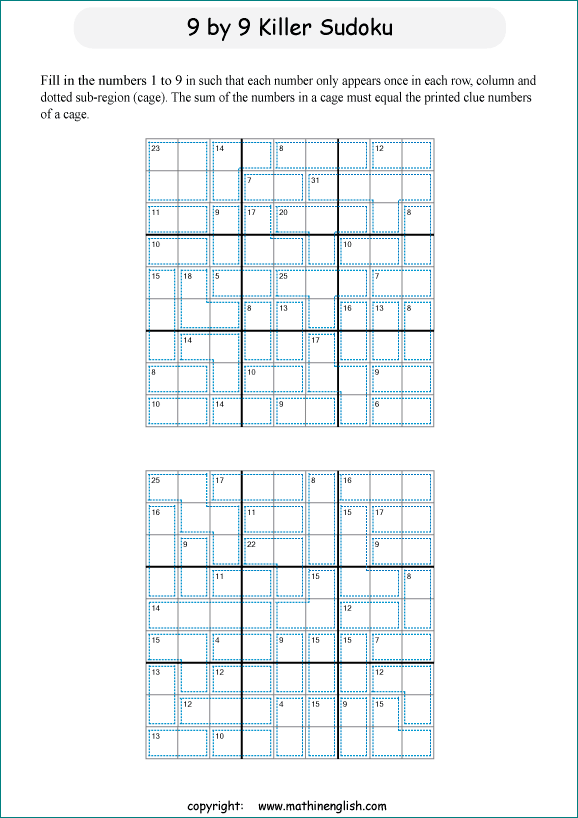 printable 9 by 9 Killer Sudoku math operations puzzle for kids and math students