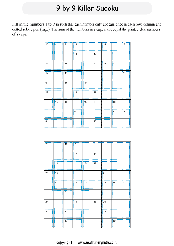 printable 9 by 9 Killer Sudoku math operations puzzle for kids and math students