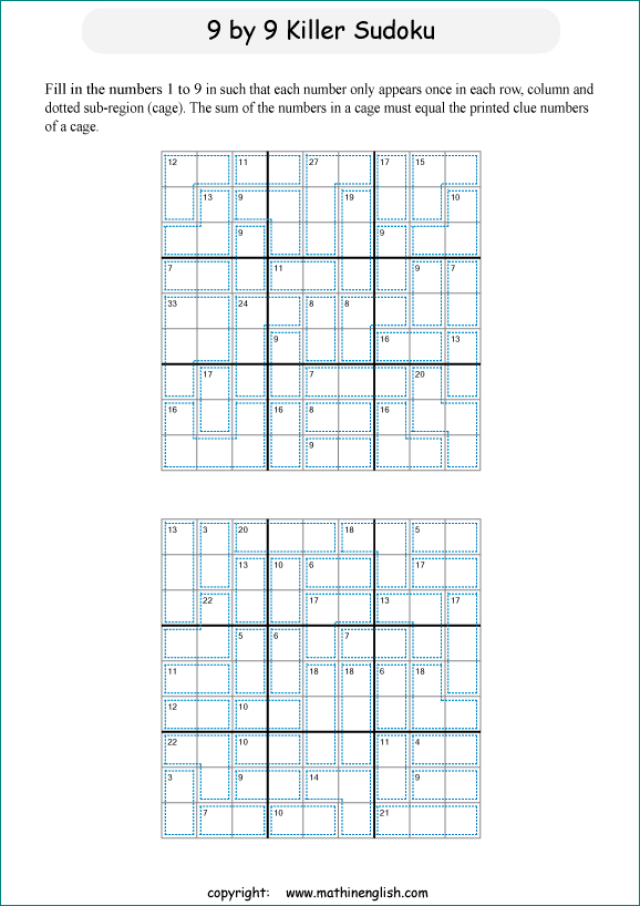 printable 9 by 9 Killer Sudoku math operations puzzle for kids and math students