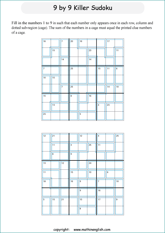 printable 9 by 9 Killer Sudoku math operations puzzle for kids and math students