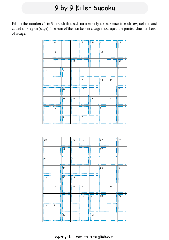 printable 9 by 9 Killer Sudoku math operations puzzle for kids and math students