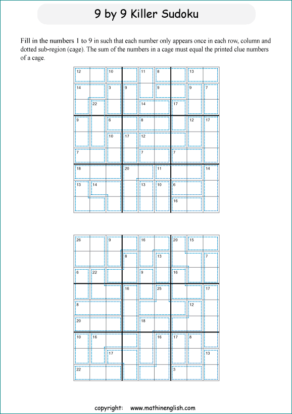 printable 9 by 9 Killer Sudoku math operations puzzle for kids and math students