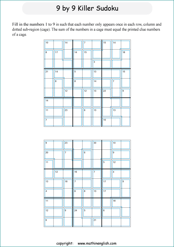 printable 9 by 9 Killer Sudoku math operations puzzle for kids and math students